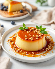  a flan on a white plate, garnished with caramel sauce, chopped nuts, and a sprig of mint