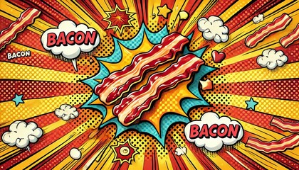 Obraz premium A vibrant, comic-style illustration featuring crispy strips of sizzling bacon