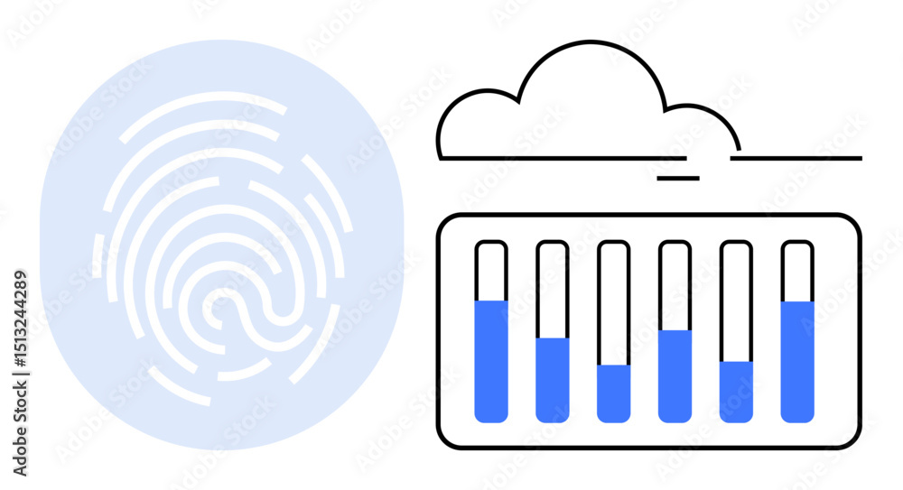 Poster fingerprint with curved lines beside cloud and vertical data bars, representing tech security, data 