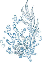 Doodle composition of vector coral reef and seaweed and sea shells for design.