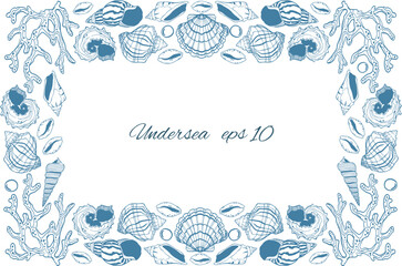 Rectangle frame of sea shells and corals isolated. Vector template.