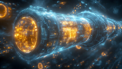 Detailed futuristic sci-fi cylindrical structure with glowing orange core, enveloped in intricate blue circuitry in dark space