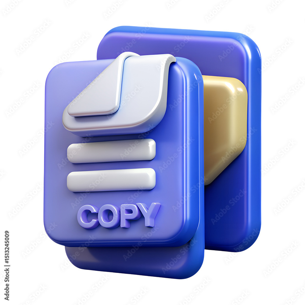 Poster 3d rendered icon showcasing a blue file with a copy operation text and a plastic-style design agains