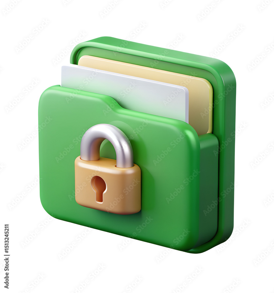 Poster 3d rendering of a green folder with files secured by a golden padlock in a plastic-style icon on a t