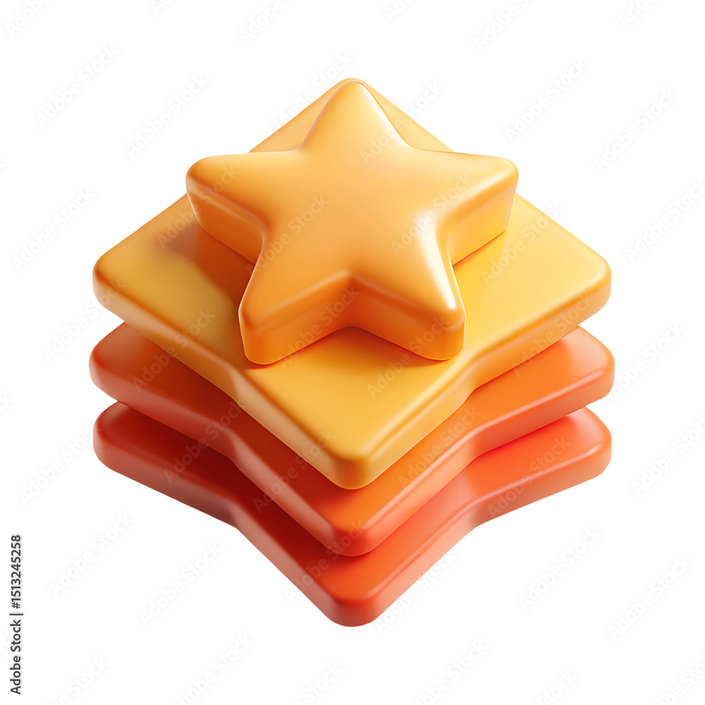 Poster 3d rendering of a stack of colorful abstract star shapes designed with a plastic-style icon on trans