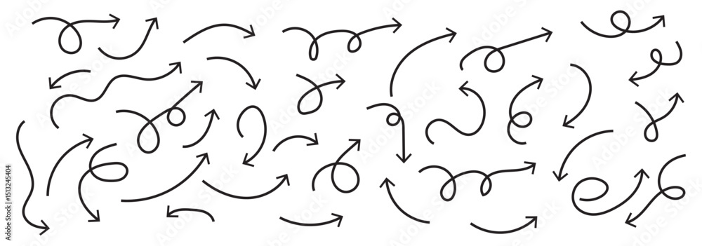 Poster set of simple lines hand drawn black arrows in various style. set of simple of hand drawn black arro