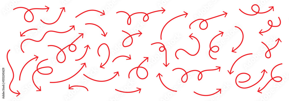 Poster set of simple lines hand drawn black arrows in various style. set of simple of hand drawn black arro