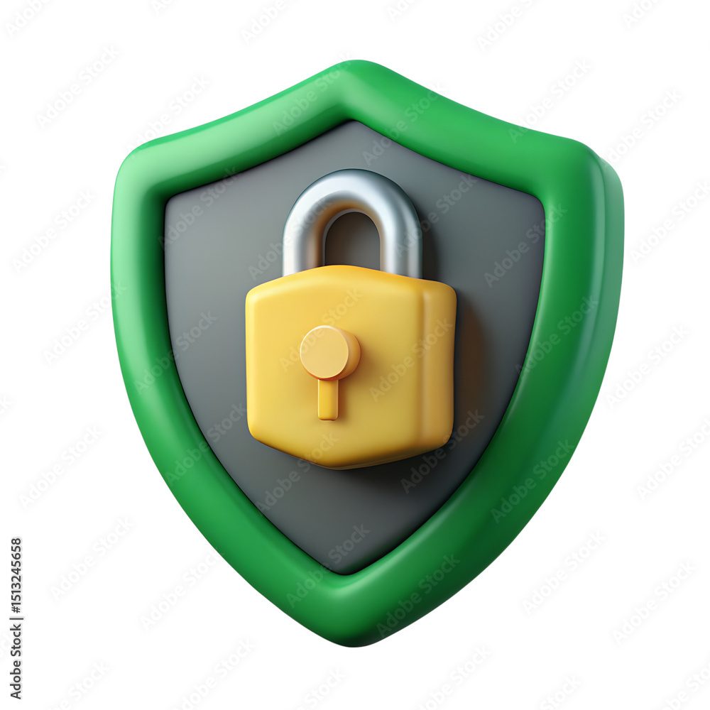 Poster a 3d rendering of a yellow padlock icon secured within a green shield representing digital security 