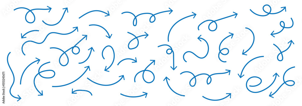 Poster set of simple lines hand drawn black arrows in various style. set of simple of hand drawn black arro