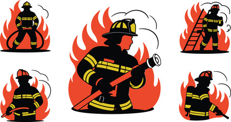 Silhouette Illustration of Firefighter in Action with Flames Background Vector Graphic Design for Emergency Services and Safety Awareness