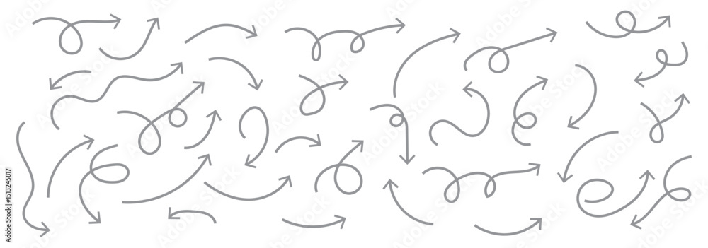 Poster set of simple lines hand drawn black arrows in various style. set of simple of hand drawn black arro