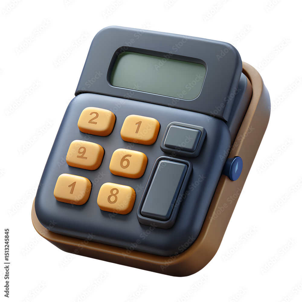 Poster a digitally rendered 3d calculator in a plastic-style design with numeric buttons and display screen