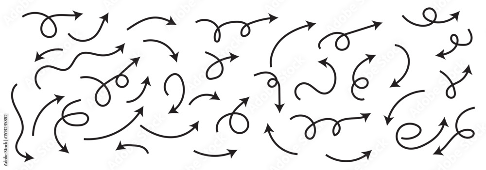 Poster set of simple lines hand drawn black arrows in various style. set of simple of hand drawn black arro