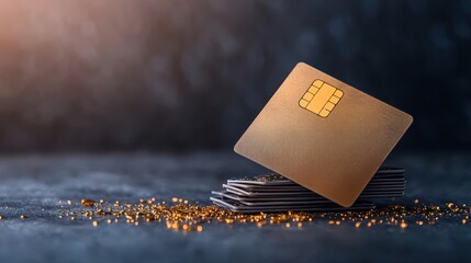 economy consumption digital concept. Golden credit card on a dark surface, symbolizing finance and luxury.