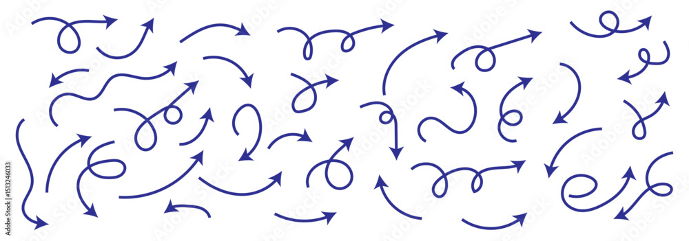 Poster set of simple lines hand drawn black arrows in various style. set of simple of hand drawn black arro