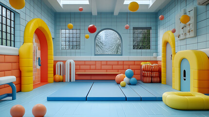 Playful playroom with soft forms, warm colors, and bright lighting