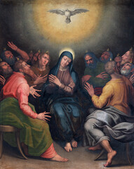 BOBBIO, ITALY - MAY 20, 2025: The reniassance painting of Pentecost in the church of Abbazia di San Colombano by Gerolamo  Dalla Valle (1567).
