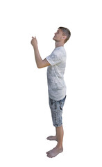Side view full length portrait of a young man stands barefoot on transparent background stands with hand raised like holding something imaginary, looking up