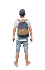 Rear view full length portrait of a curious young man traveler carrying a backpack and wearing a cap ready for adventure isolated on transparent background