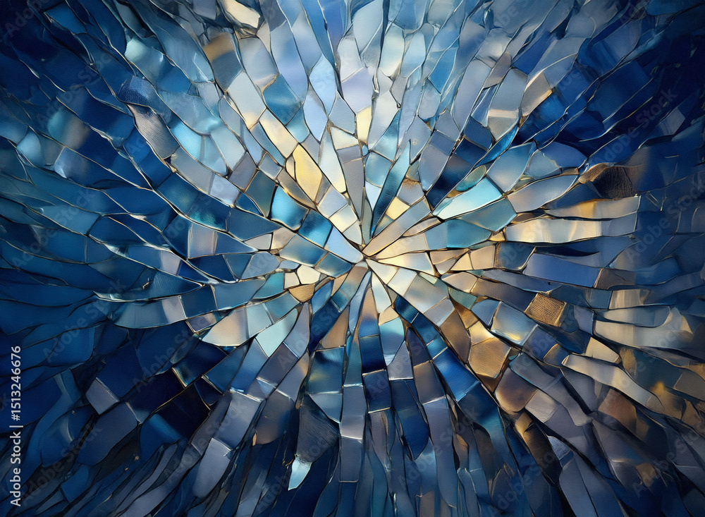 Poster abstract background image with dynamic swirling patterns in shades of blue and gold, creating a mosa
