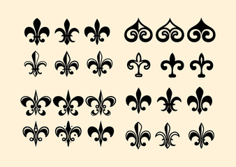 Ornament Vintage Vector Pack,, ornamen vector pack, Fleur de lys vintage design element or icon in black suitable for heraldry and classic decoration design in various shapes, Fleur de lis vector  © dhany