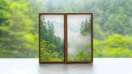 Wooden Double Panel Frame Displaying Forest Landscape