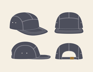 hat template vector, Blank White 5 Panels Baseball Cap, Snapback hat Technical Drawing Illustration Blank Streetwear Mock-up Template, Meshbaseball in Isolated vector objects on isolated background