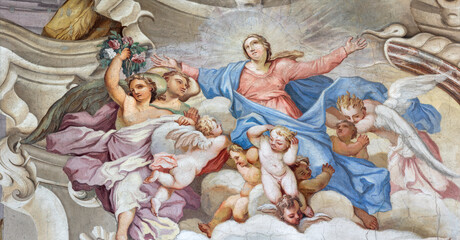 BOBBIO, ITALY - MAY 20, 2025: The detail of baroque fresco of Assumption of Virgin Mary in Cathedral (Santa Maria Assunta) by Francesco Porro (1723).
