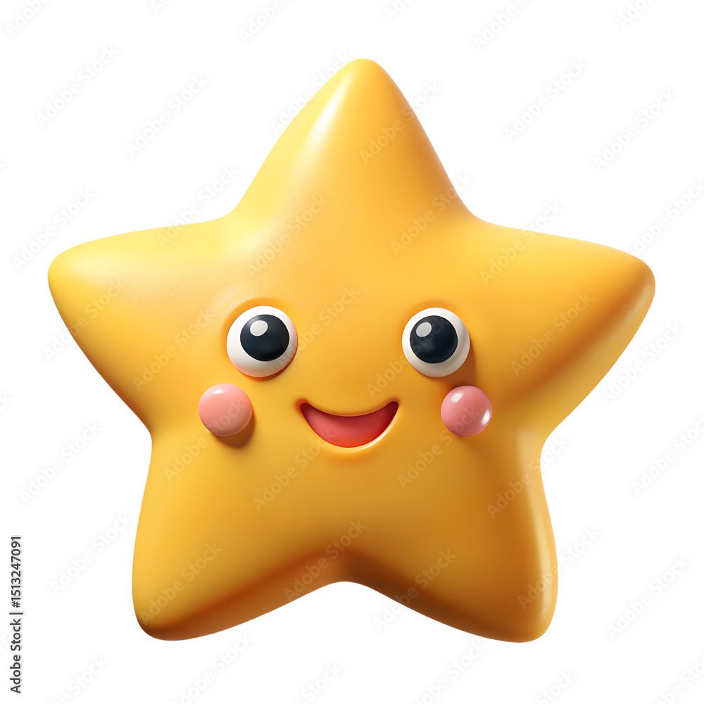 Poster adorable 3d rendering of a smiling cartoon star in a plastic-style icon format against a transparent