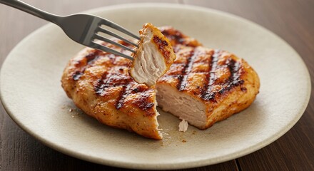 A fork piercing a piece of grilled chicken on a ceramic plate