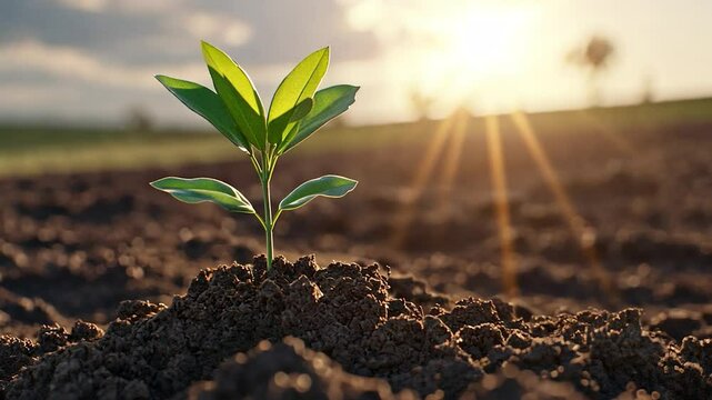 Young plant seedling growing in soil bathed in warm sunlight symbolizing new beginnings hope and sustainable growth