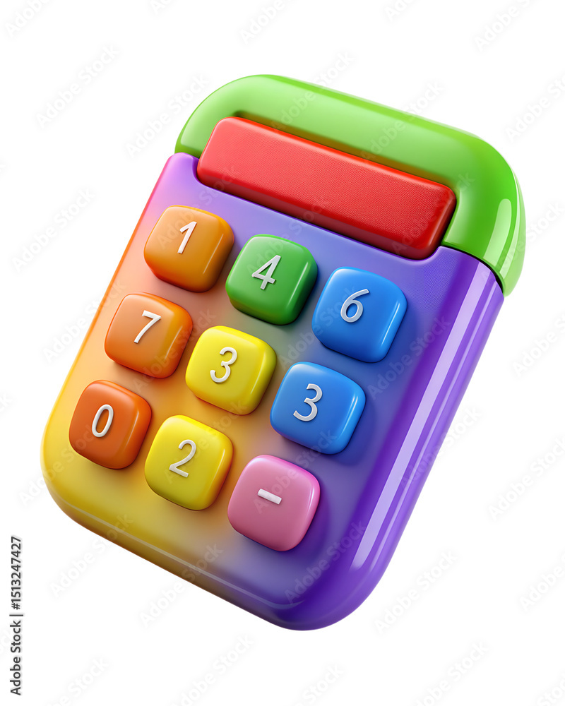 Poster colorful childlike calculator in a vivid 3d rendering of plastic style, featuring numbers and operat
