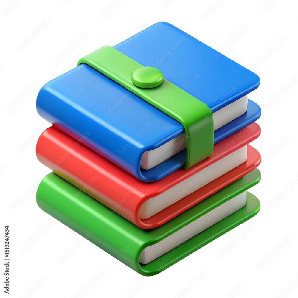 Poster colorful stack of stylized books in a 3d rendering featuring a plastic-style icon with a vibrant des