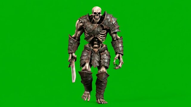 Skeleton Warrior in Armor with Sword on Green Screen
