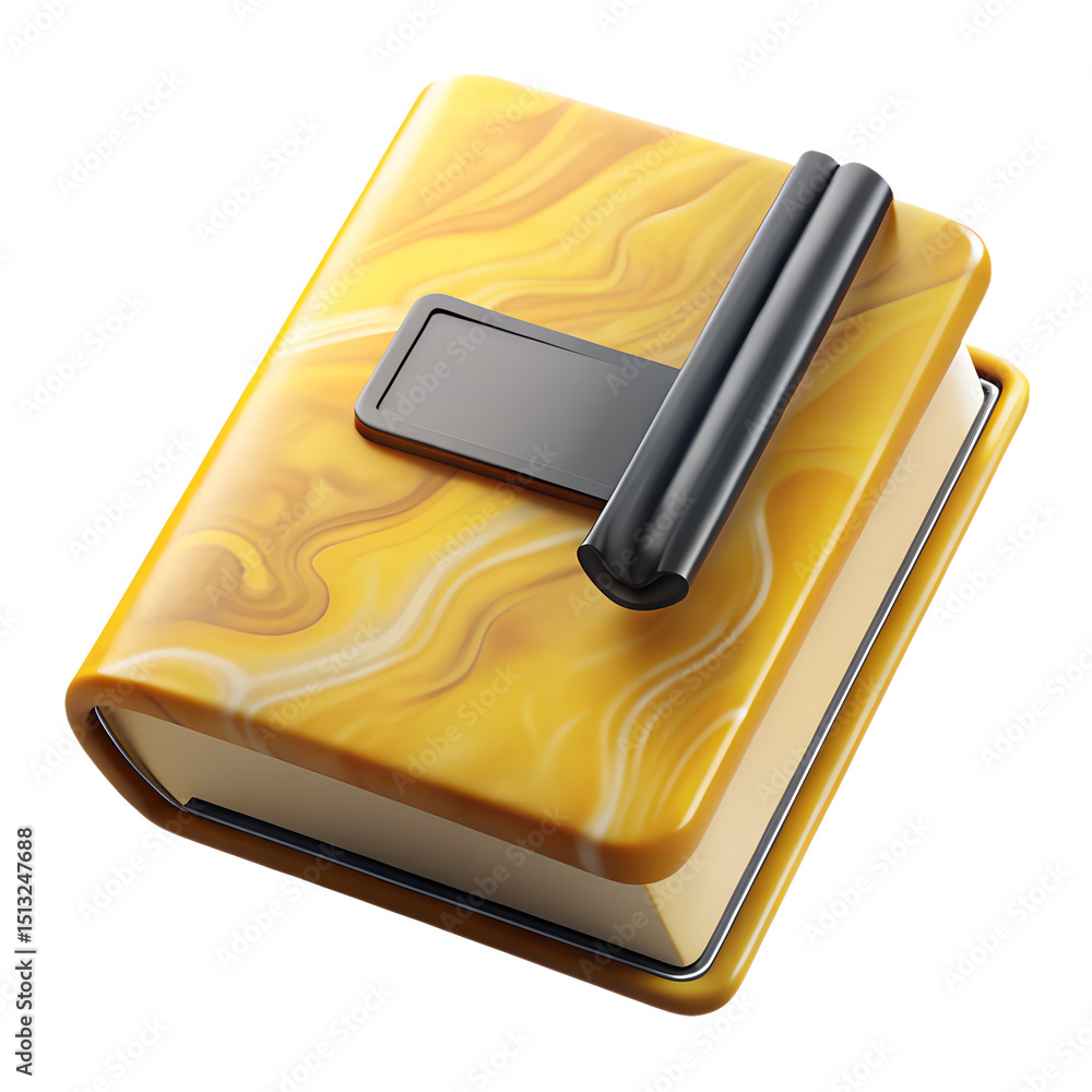 Poster elegant 3d rendering of a luxurious notebook with a marbled texture and a stylish dark pen, plastic-