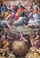 PIACENZA, ITALY - MAY 20, 2025: The painting of God the Father and Virgin Mary on the globe (symbol...