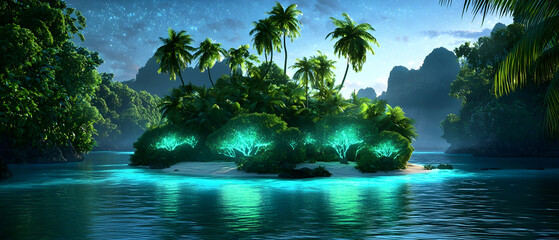 Glowing Tropical Island Paradise At Night