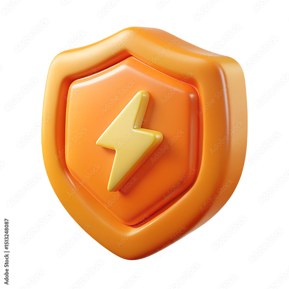 Poster orange 3d rendering of a plastic-style shield icon with a yellow lightning bolt shape on a transpare