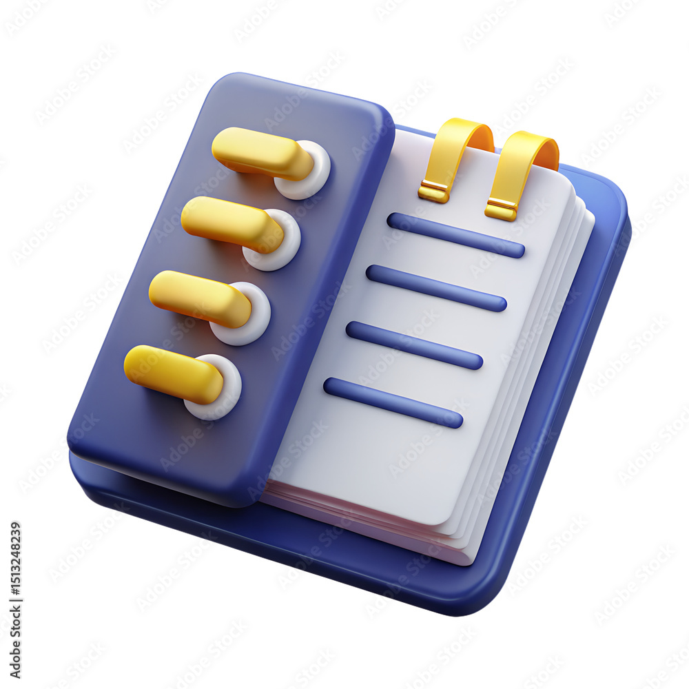 Aufkleber stylized 3d rendering of a blue notebook with yellow switches and a plastic-style icon on a transpar