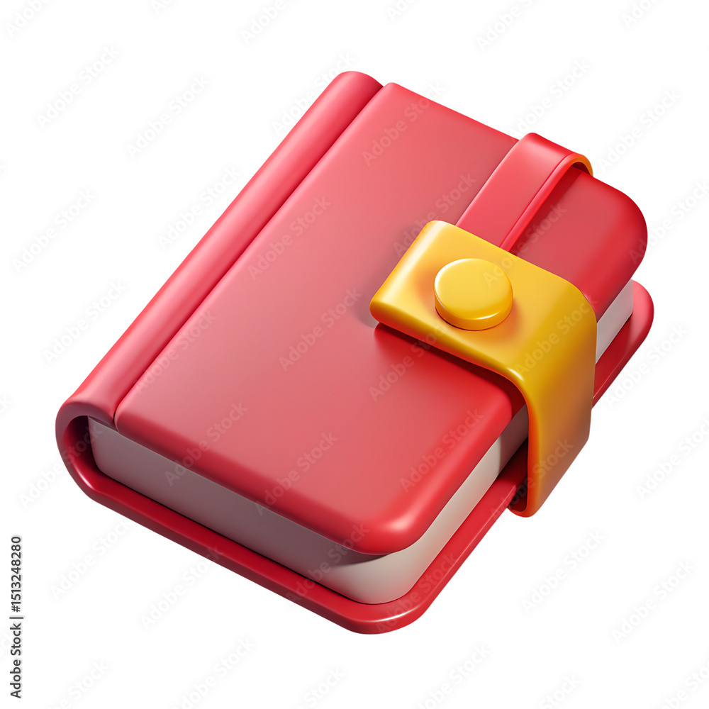 Poster stylized 3d rendering of a red notebook with a yellow strap and button against a black background