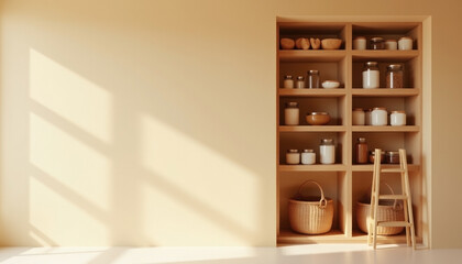 Fototapeta premium Cozy kitchen storage display with wooden shelves and assorted jars in sunlit room with copy space