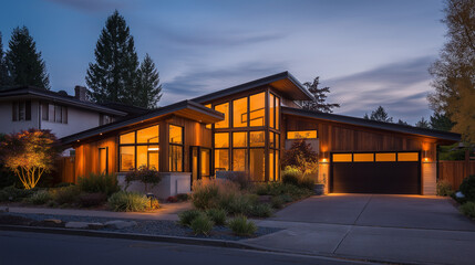 Fototapeta premium Modern home at dusk with warm interior lights, minimalist design. Cozy contemporary living in harmony with twilight.
