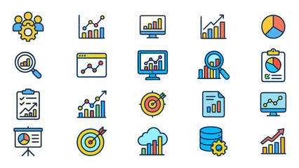 Colorful data analytics icons suitable for presentations, reports, infographics, websites, and social media posts on business or technology topics.