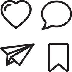 Heart, Speech Bubble, Paper Plane, Bookmark Outline Icons with Transparent Background