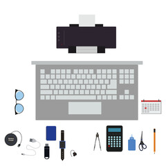 Workspace office tools set, essential graphic flat design
