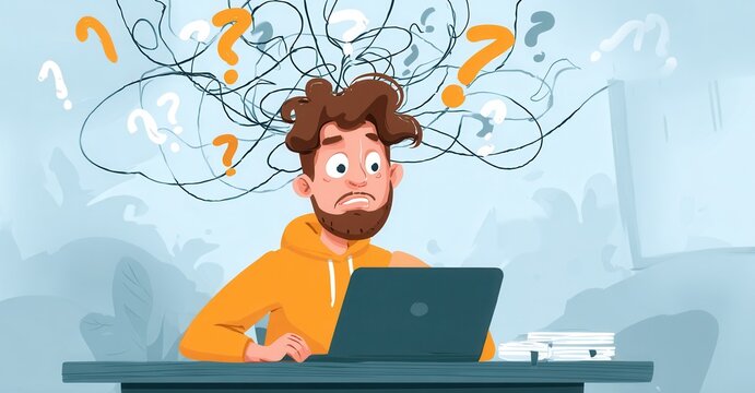 Stressed man working on computer. Overwhelmed by work and problems represented by question marks and scribbles around his head.