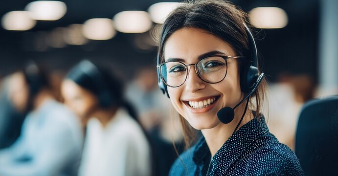 Smiling woman with headset working in call center.  Dedicated customer service representative ready to assist with any inquiries.