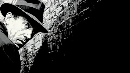 Noir illustration of a man in a fedora hiding in a dark alley monochrome theme - Powered by Adobe