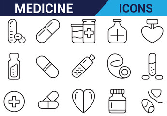 Pharmaceutical icon set depicting bottles, pills, and capsules for medical use.