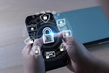 people hand using data protection application on mobile smartphone, backup storage management, anti virus, firewall, data protection, internet network technology, cloud storage technology concept